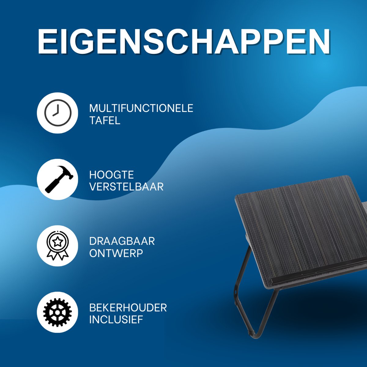 Laptoptafel – Tablethouder - Bedtafel – Voor bed, kantoor of studie – In hoogte verstelbaar met bekerhouder – Zwart