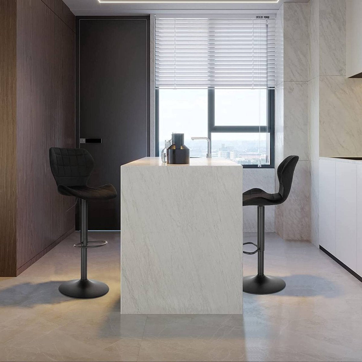 Barkruk Otta - Industrial - Zwart - Barkrukken set van 1 - Barstoel Kruk - Barstoelen met rugleuning - Keukenstoel - In hoogte verstelbaar - Velvet