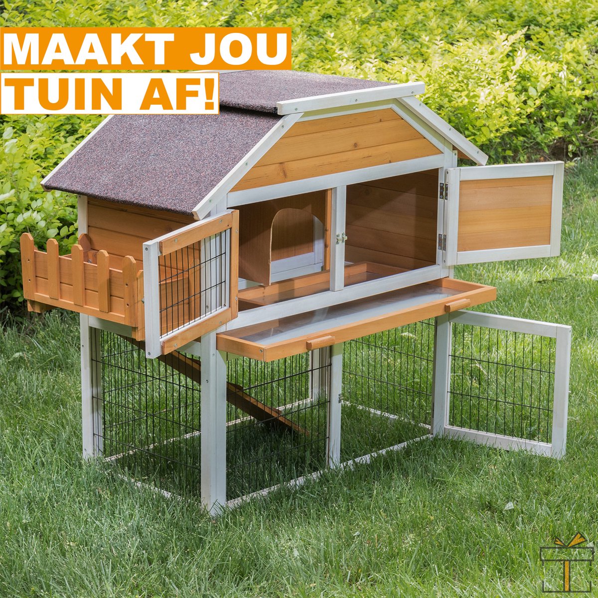 Happyment Houten Konijnenhok - Konijnenren voor binnen & buiten - 2 Verdiepingen - Black friday - Kerstcadeau