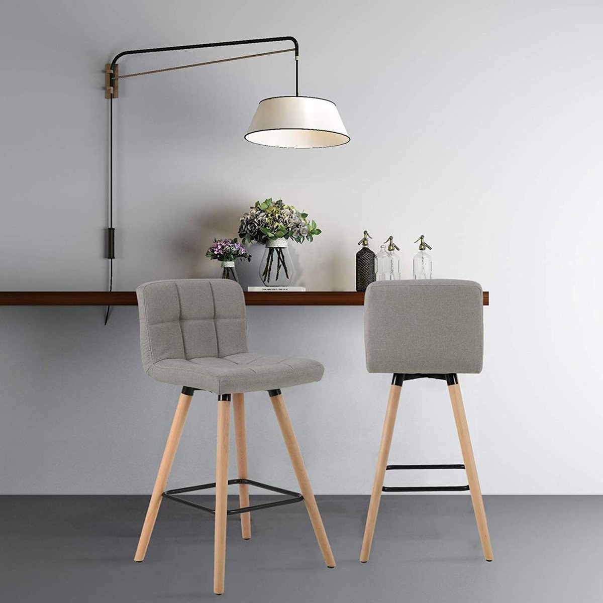 Barkruk Zilda - Met hoge rugleuning - Linnen - Barstoelen - Ergonomisch - Zithoogte 70cm - Grijs - Set van 2 - Keuken en bar