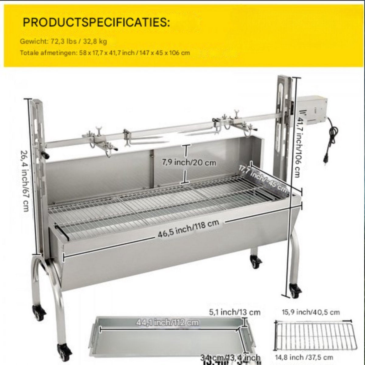 Rotisserie draaispit - BBQ 2 in 1 - RVS Rotisserie 60 kg - In Hoogte Verstelbaar - Oven - Motor - Elektrische Grill met Deksel & Accessoires