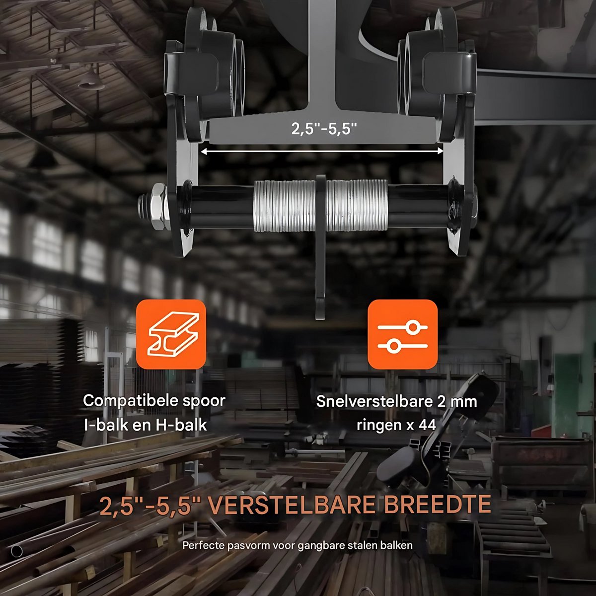 Loopkat - Lier - Verstelbaar - Takel - 0,5 ton - Rollend Onderstel - Verstelbare Breedte Dubbele Wieluitvoering