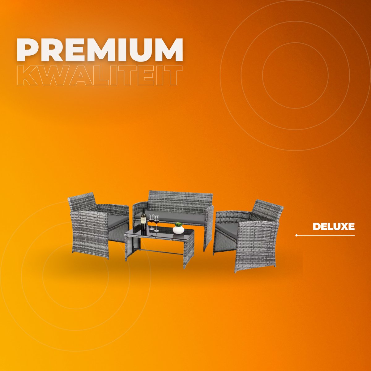 Tuinmeubelset - Buitentafel en Stoelen - 4-delige - 3-zits Bank met 1 Glazen Tafel - Terrasmeubilairset voor Buiten & Tuin