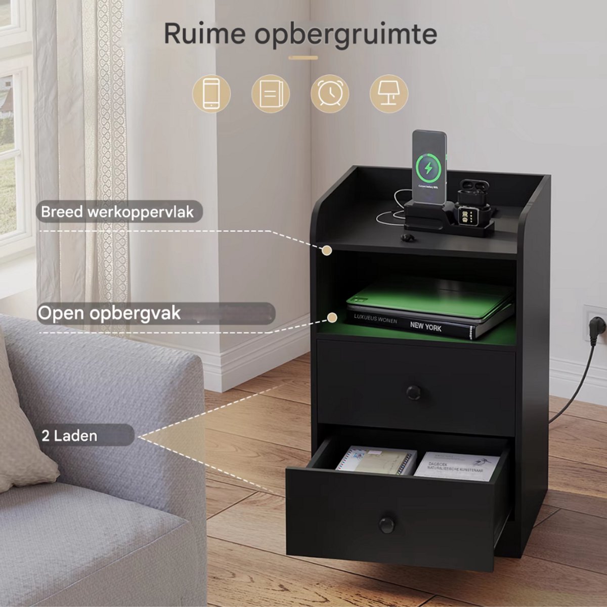 Nachtkast met RGB lichten - Zwart - Slaapkamer - Met ingebouwde usb oplaadpoorten