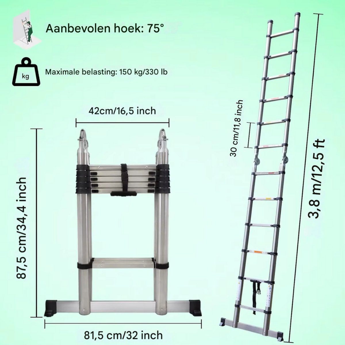 Telescopische Ladder Lucian - 1,9m - Uitschuifbare Multifunctionele Roestvrijstalen Ladder - Draagbare Stevige Zolderladder met EN131-standaard
