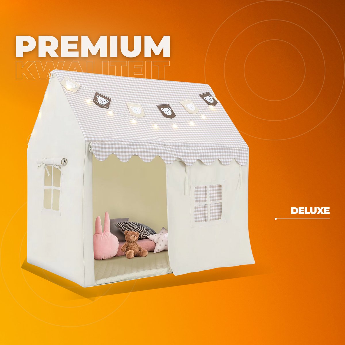 Kindertent - Speeltent - Voor Jongens & Meisjes (1-8 Jaar) - Speelhuis met Mat, Verlichting & Vlagbanner - Voor binnen - Inclusief Ramen - Beige