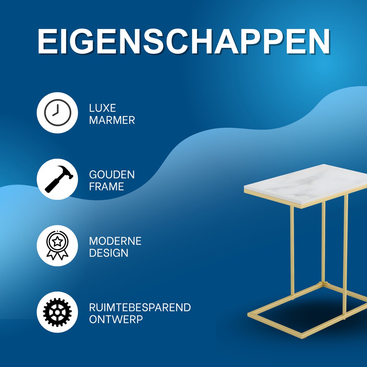 Marmeren Bijzettafel – Luxe Bank- en Laptoptafel – Goud