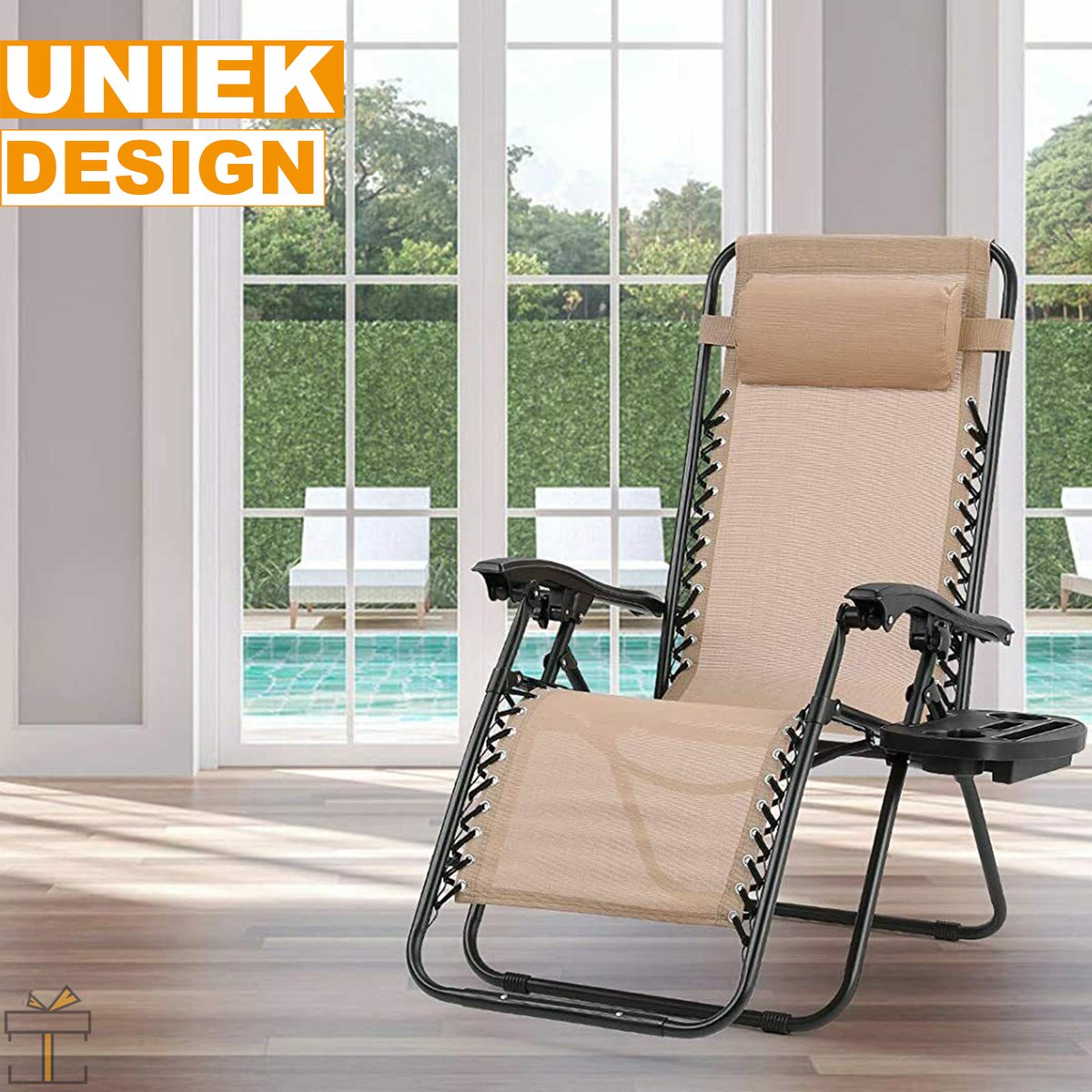 Happyment Opvouwbare strandstoelen 2 stuks - Tuinstoelen met tafeltje - Zonnebed - 0° tot 160° Verstelbaar - Beige
