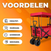 Opvouwbare bolderkar XL - 262L - Opvouwbaar tuinwagen - Met duwstang - Voor buitengebruik - Met verwijderbare luifel en 115 kg capaciteit - All terrain - Rood