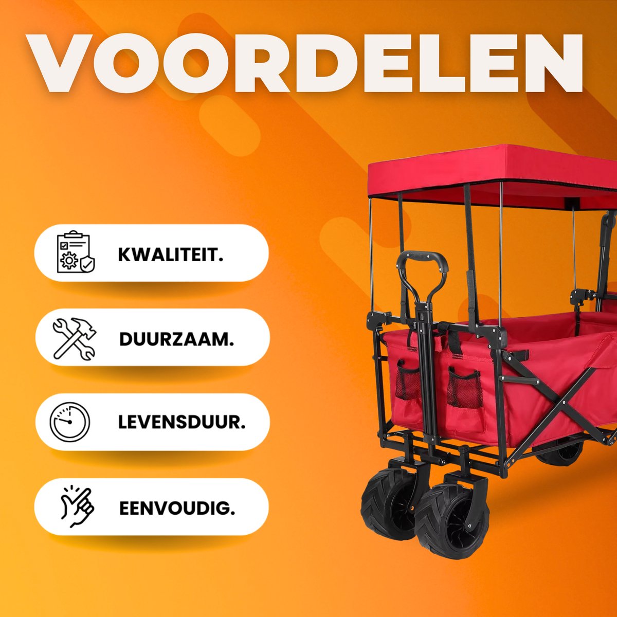 Opvouwbare bolderkar XL - 262L - Opvouwbaar tuinwagen - Met duwstang - Voor buitengebruik - Met verwijderbare luifel en 115 kg capaciteit - All terrain - Rood
