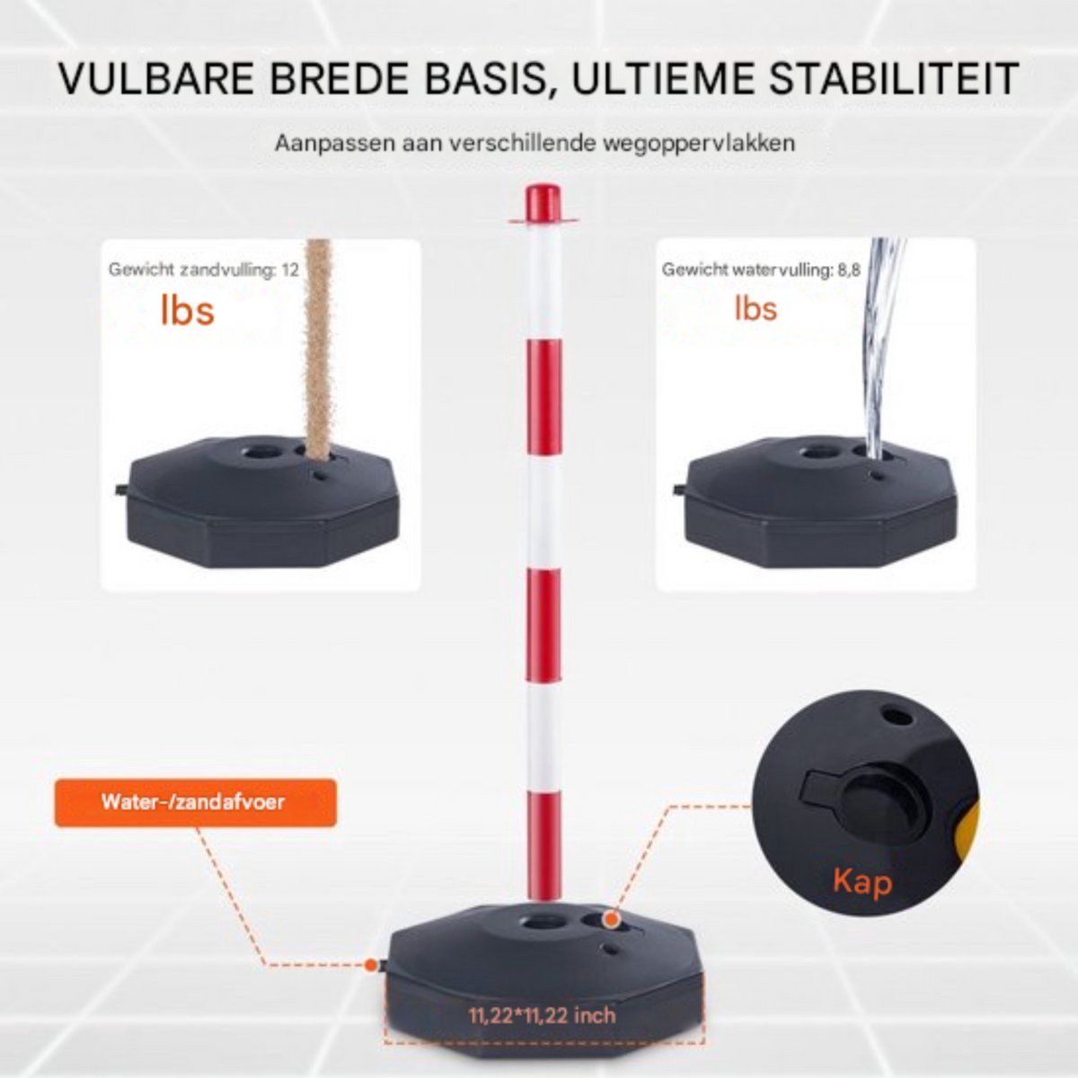 Afzetpaal 6 Stuks - Rood/Wit - Afzetkoord - Vulbaar Met Water/Zand - Afzetpaaltjes met lint - Inclusief afzetketting koord