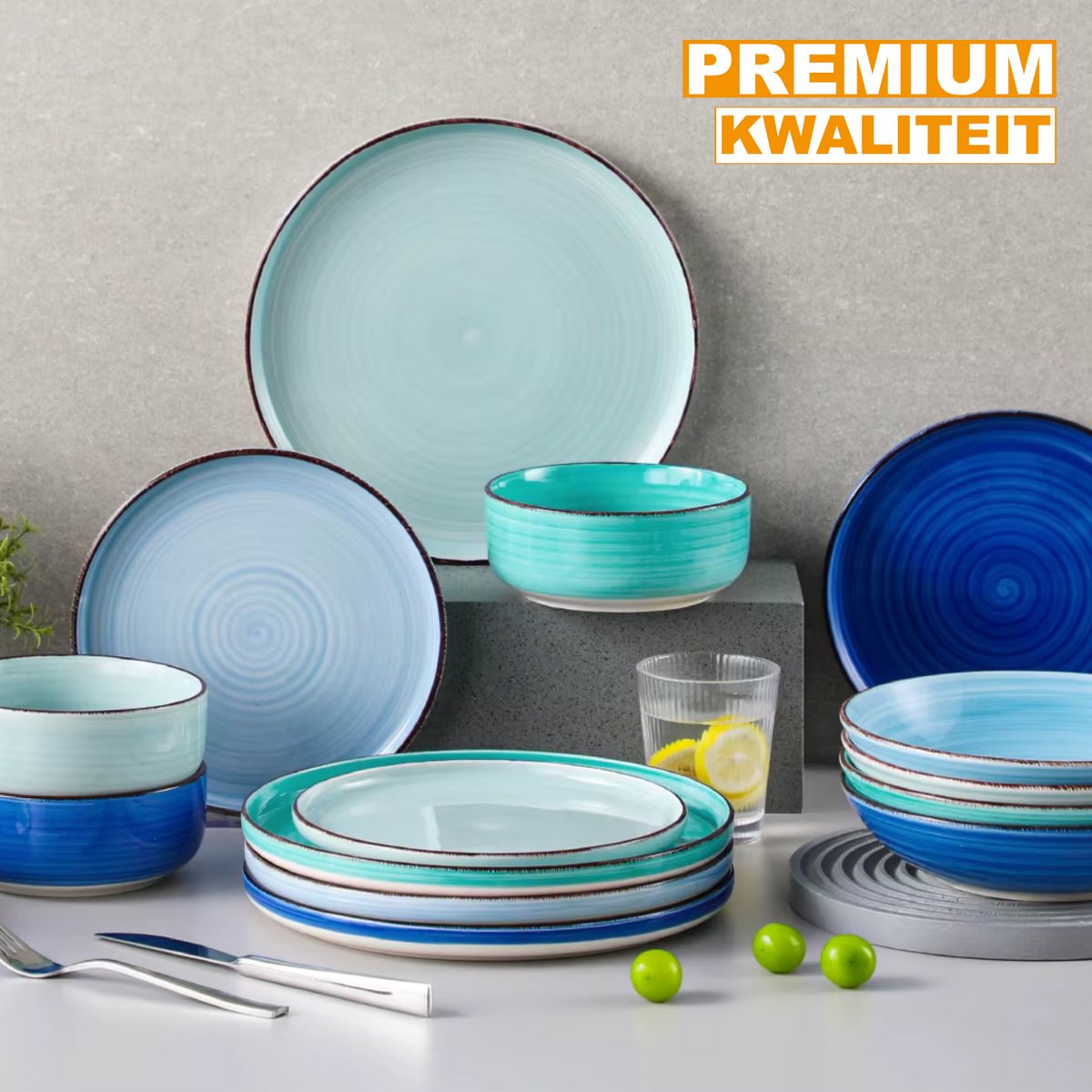 Sorella Serviesset - 16 delig - Blauw - Dinerborden - Bordenset - Diepe borden - Ontbijtborden - Servies - Keukenservies