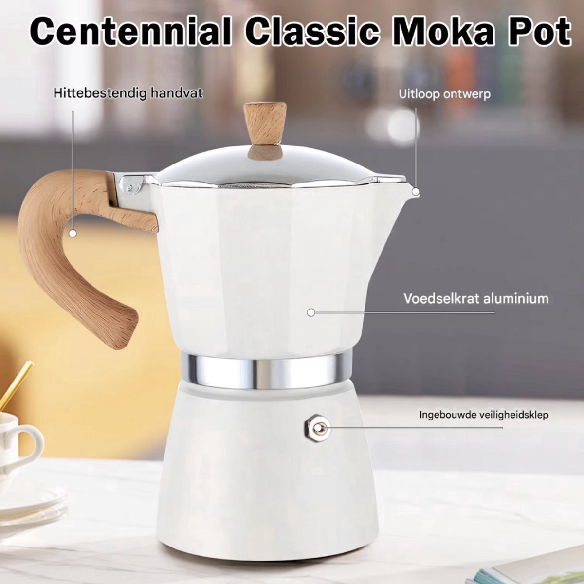 Espresso Tavien - koffiemaker - Wit - Percolator - Moka pot - Met Koffiemolen - Camping en thuisgebruik