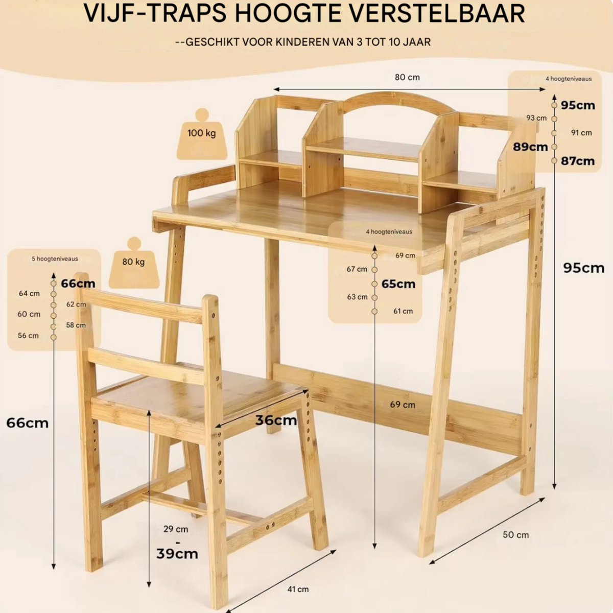 Kinderbureau met stoeltje - Kindertafel - Activiteiten tafel - Speeltafel Kinderbureau - In Hoogte Verstelbaar - Studeertafel voor Kinderen - Bamboe