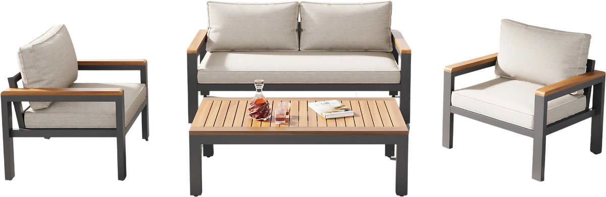 Tuinmeubelset - Loungeset - Tuinlounge Lounge Set - Stevig Gegalvaniseerd Stalen Frame - Acaciahout Tafel en Armleuningen - Beige Kleur