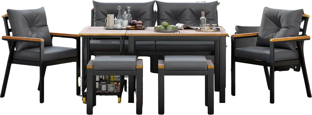 Eettafelset -Tuinmeubelset - Loungeset - Tuinlounge Lounge Set - Lounge Set - Voor Tuin of Terras - Tuinmeubelen voor 6-7 Personen met Fauteuils & Eetkar - Afneembare en Wasbare Hoezen