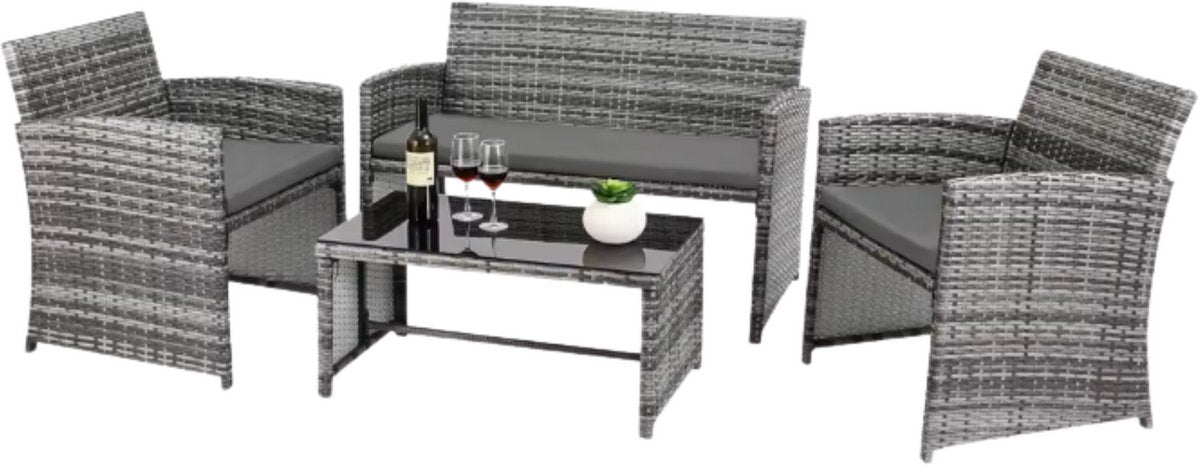 Tuinmeubelset - Buitentafel en Stoelen - 4-delige - 3-zits Bank met 1 Glazen Tafel - Terrasmeubilairset voor Buiten & Tuin