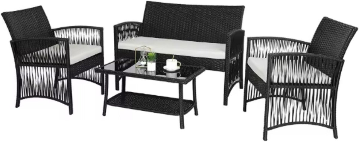 Rotan Tuinmeubelen Set Fioren - Voor Buiten en Balkon - 4 Stuks - Rotan Patio Meubelen - Weven Rieten Sofa Set met Kussens en Glazen Tafel - Zwart