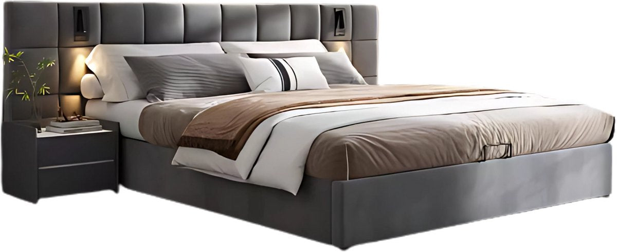 Hydraulisch Bed 180x200 cm - Voor Slaapkamer - Met LED-verlichting, USB-poorten & Verstelbaar Hoofdeinde - Fluweel in Grijs Schaakbordpatroon