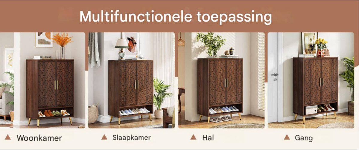 Schoenenkast Nero met deuren - Bruin - Schoenenrek - 110cm - 6 laags - Houten opbergkast