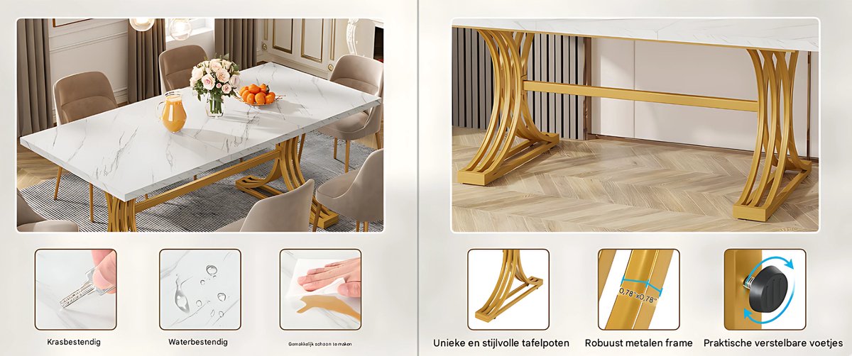 Moderne eetkamertafel Minty - Woonkamer -Marmerlook Blad - 160cm
