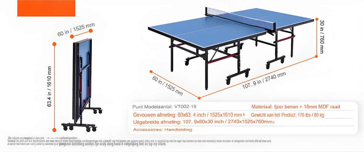 Professionele Opvouwbare Tafeltennistafel - Pingpongtafel - Voor Indoor & Thuisgebruik - MDF Speeloppervlak - Dikte 18mm