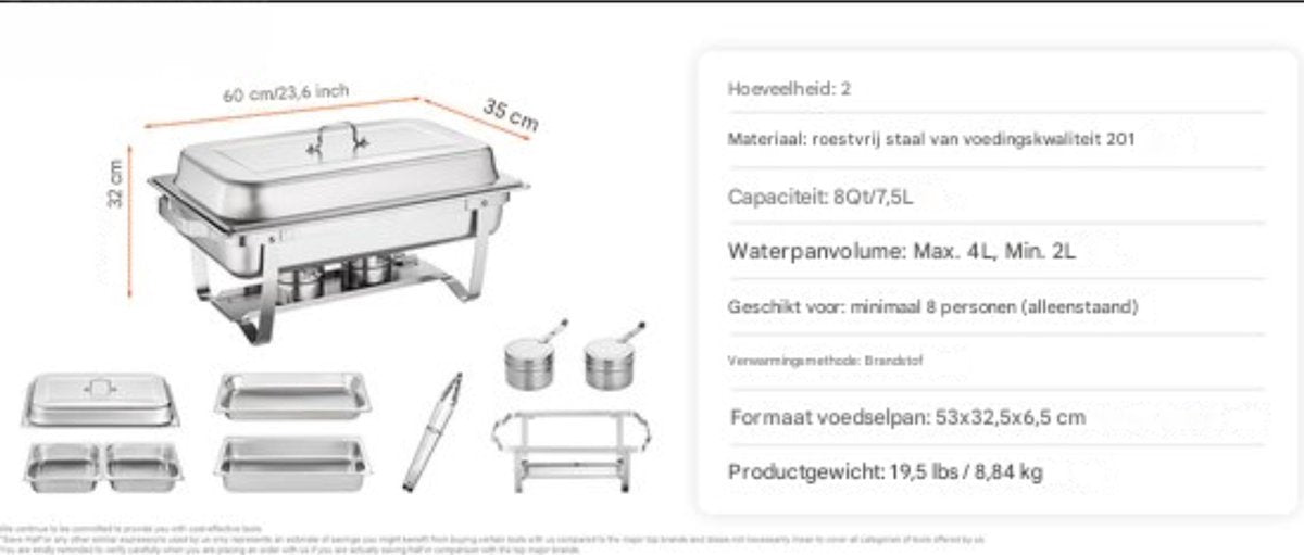 Luxe buffetwarmer - Warmhoudschalen - Warmhoudbakken - Buffet - RVS