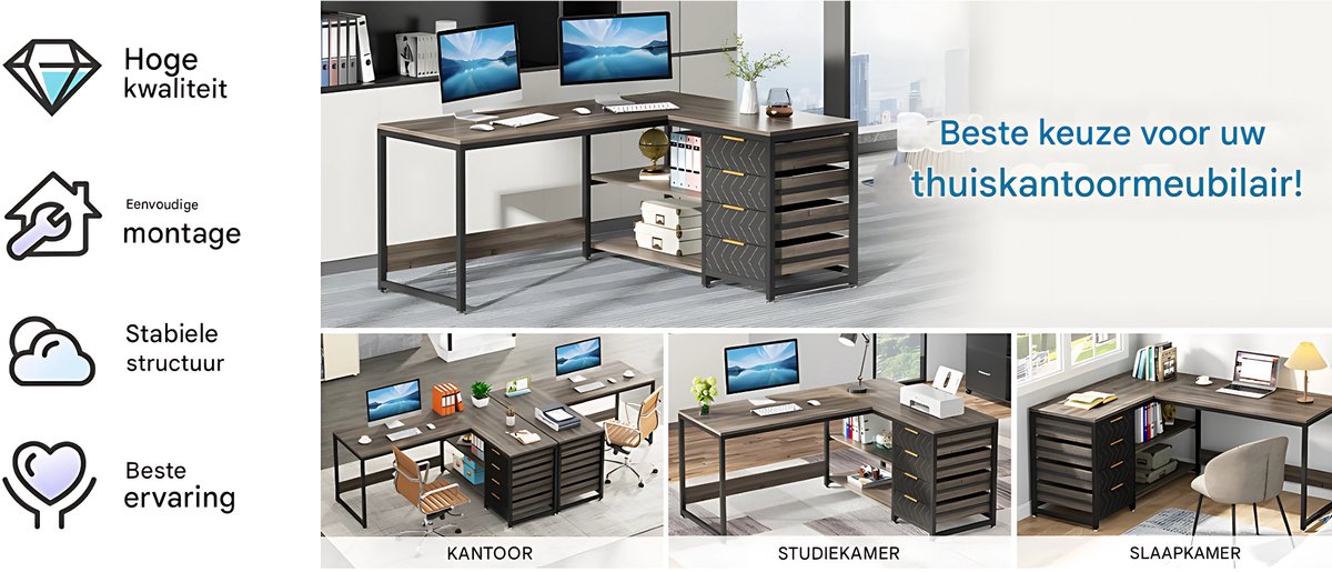 Hoekbureau Dublin - Computerbureau - 150cm - Bruin - Voor thuis of werk - Hout en metaal