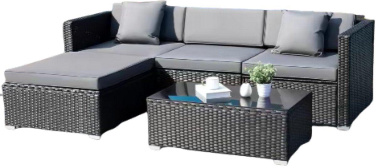 Polyrotan Lounge Tuinset voor 4 Personen - 5-delige Tuinset met Hoekbank, Salontafel en Kussens - Geschikt voor Patio & Tuin - Zwart