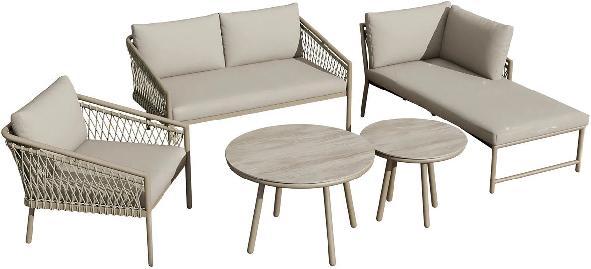 Tuinmeubelset - Loungeset - Tuinlounge Lounge Set - Lounge Set - Voor Tuin, Terras of Balkon - 2-Zits Sofa, 2 Fauteuils & Salontafel - Handgeweven Touw, Houtlook & Glasplaat - Gegalvaniseerd Staal