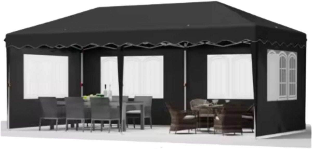 Luxe partytent - Opvouwbaar - Met zijwanden - Zwart - 300x600cm - Easy up - Paviljoen - Waterdicht weerbestendig - In hoogte verstelbaar