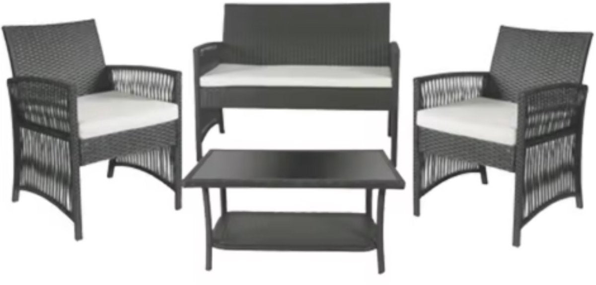 Rotan Tuinmeubelen Set Valora - Voor Buiten en Balkon - 4 Stuks - Rotan Patio Meubelen - Weven Rieten Sofa Set met Kussens en Glazen Tafelm - Donkergrijs