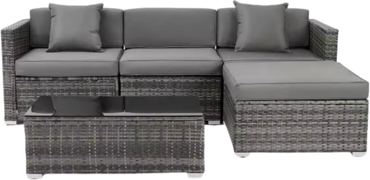 Polyrotan Lounge Tuinset voor 4 Personen - 5-delige Tuinmeubelen Set met Hoekbank en Salontafel - Incl. Kussens voor Patio & Tuin - Donkergrijs