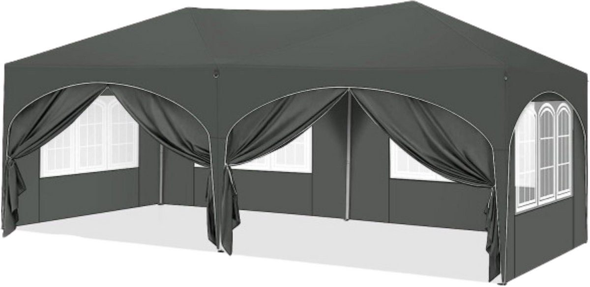 Partytent XL - Met zijwanden - Donkergrijs - 300x600cm - Opvouwbaar - Easy up - Paviljoen - Waterdicht weerbestendig - In hoogte verstelbaar