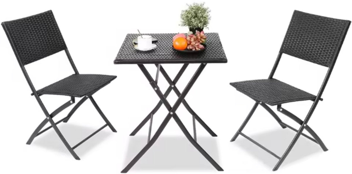 Outdoor Klaptafel Set - 3-delig - Voor Camping en Picknick - Opvouwbare Rotan Meubelstoel en Tafel - Draagbare Balkonset met 2 Stoelen - Zwart