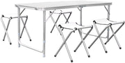 Kampeertafel 5-delig - Opvouwbaar - Klaptafel - Voor Camping en Tuin - Inklapbaar met 4 Krukken - Aluminium 120 cm - Wit