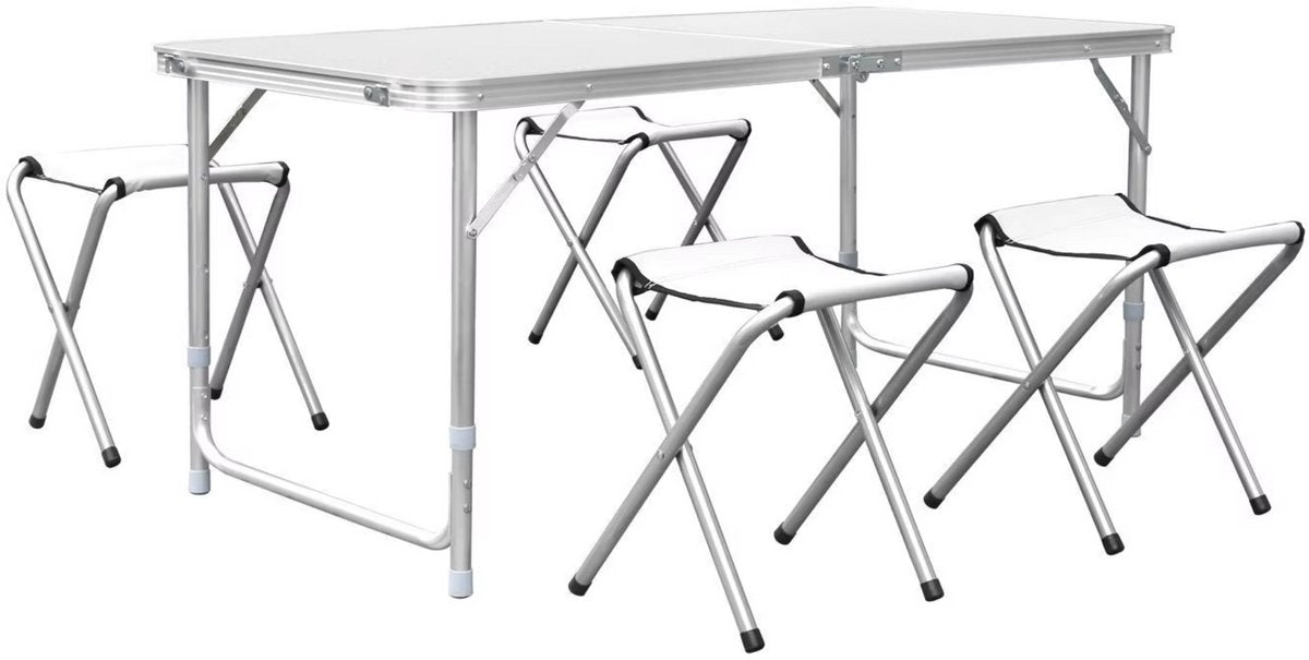 Kampeertafel 5-delig - Opvouwbaar - Klaptafel - Voor Camping en Tuin - Inklapbaar met 4 Krukken - Aluminium 120 cm - Wit