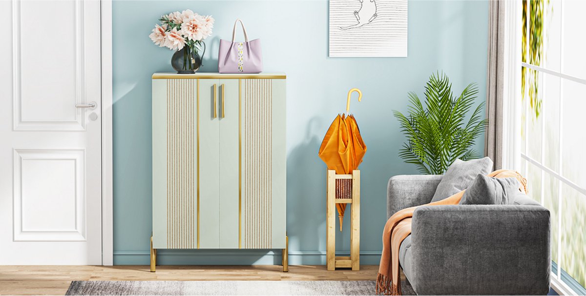 Schoenenkast Nero met deuren - Schoenenrek - 110cm - 6 laags - Houten opbergkast - Groen - 18 paar