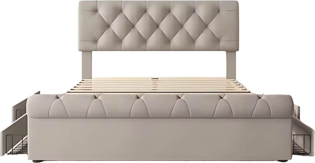 Bed - Tweepersoonsbedden - Tweepersoonsbed - Twijfelaar - Voor Slaapkamer - Functioneel Tweepersoonsbed met Chesterfield Hoofdeinde & 4 Laden - Inclusief Matras - 140x200cm