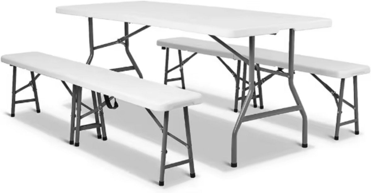 Klaptafel - Kampeertafel - 2 Banken set - Vouwtafel - Opvouwbare Tuinmeubelset voor Buiten, Kamperen & Picknick - Picknicktafel met Bankjes - 180 cm - Wit