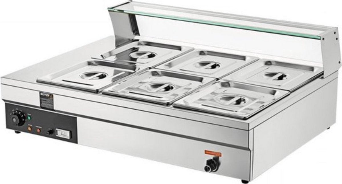Buffetverwarmer - chafing dish- warmhoudschalen- elektrisch RVS Voedselverwarmer - 1500W - 6x13,2L Buffetbakken - Incl. Deksels & Aftapkraan