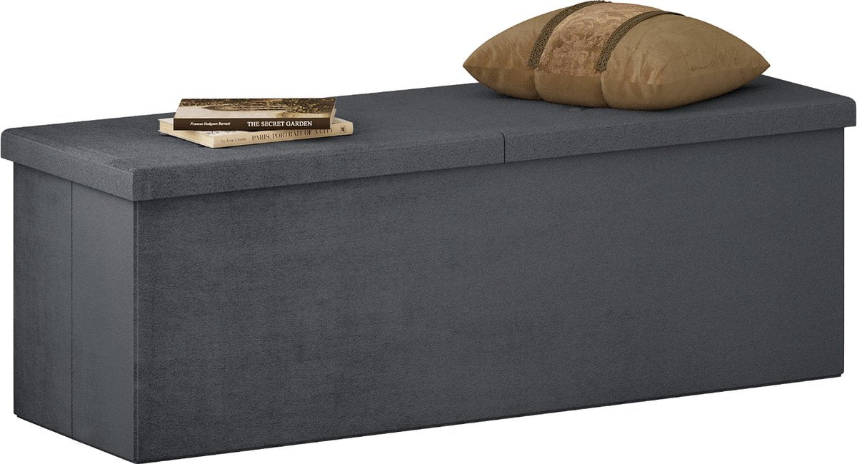 Happyment Opbergbank Judi - Met opbergruimte - Zitbank Poef - Voetenbank - Opbergbox hocker - Zitkist met deskel - Donkergrijs - Velvet - 110x38x38 cm
