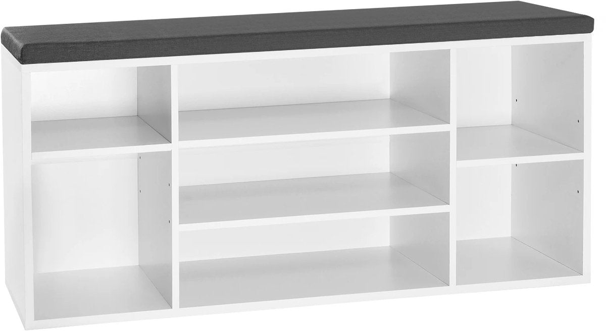 RosaBloom Schoenenkast - Kast - Kledingkast - Opbergbank - 7 Ruime Opbergvakken - Met Zitkussen - 103,5x30x48 cm - Wit/Grijs