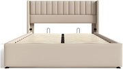 Bed - Opbergbed - Opbergruimte - Hydraulisch tweepersoonsbed Linnen lattenbodem Houten metalen frame - Beige - 160x200