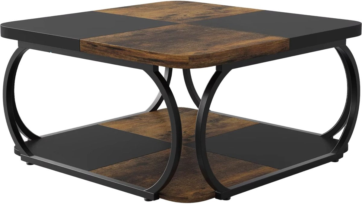Salontafel Franciso - Koffietafel - Vierkant - 100cm - Retro - Opbergplank - Massief metalen onderstel