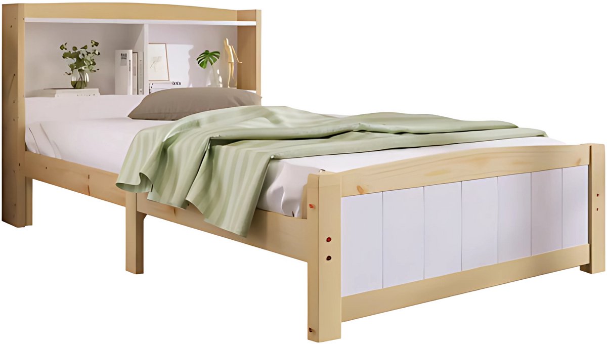 Eenpersoonsbed - Kinderbed - Kinderbedden - Voor Kinderen of Jeugd - Met Opberghoofdeinde & Lattenbodem - Grenenhout in Natuurlijk Wit - 90x200cm