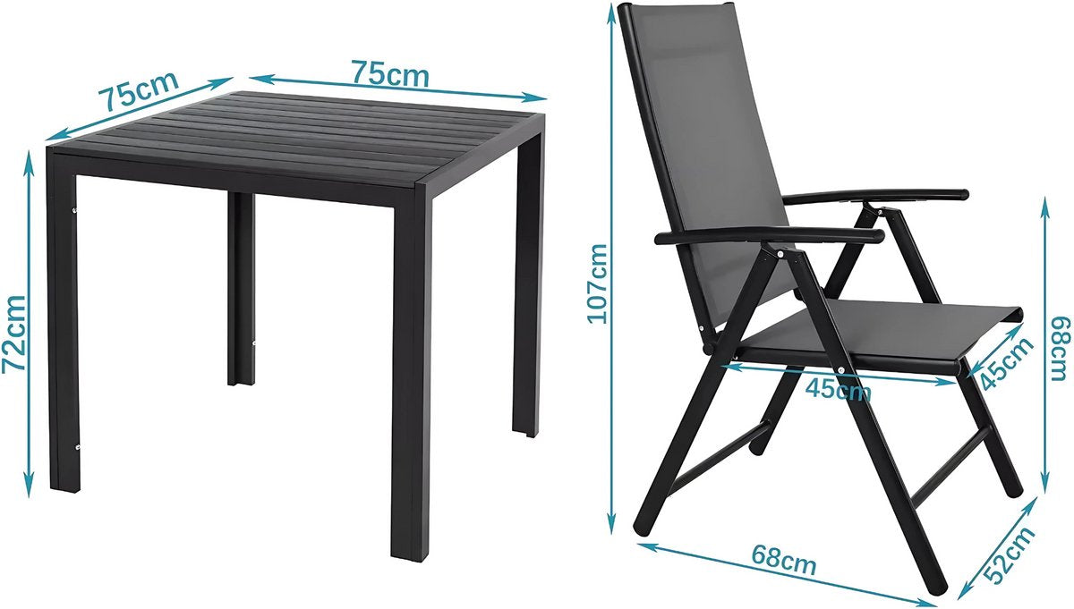 Tuinset met tuinstoelen - Tuintafel - 4 personns - Balkonset - 5-delige tuinemubelen - Aluminium - Zwart - Klapstoelen