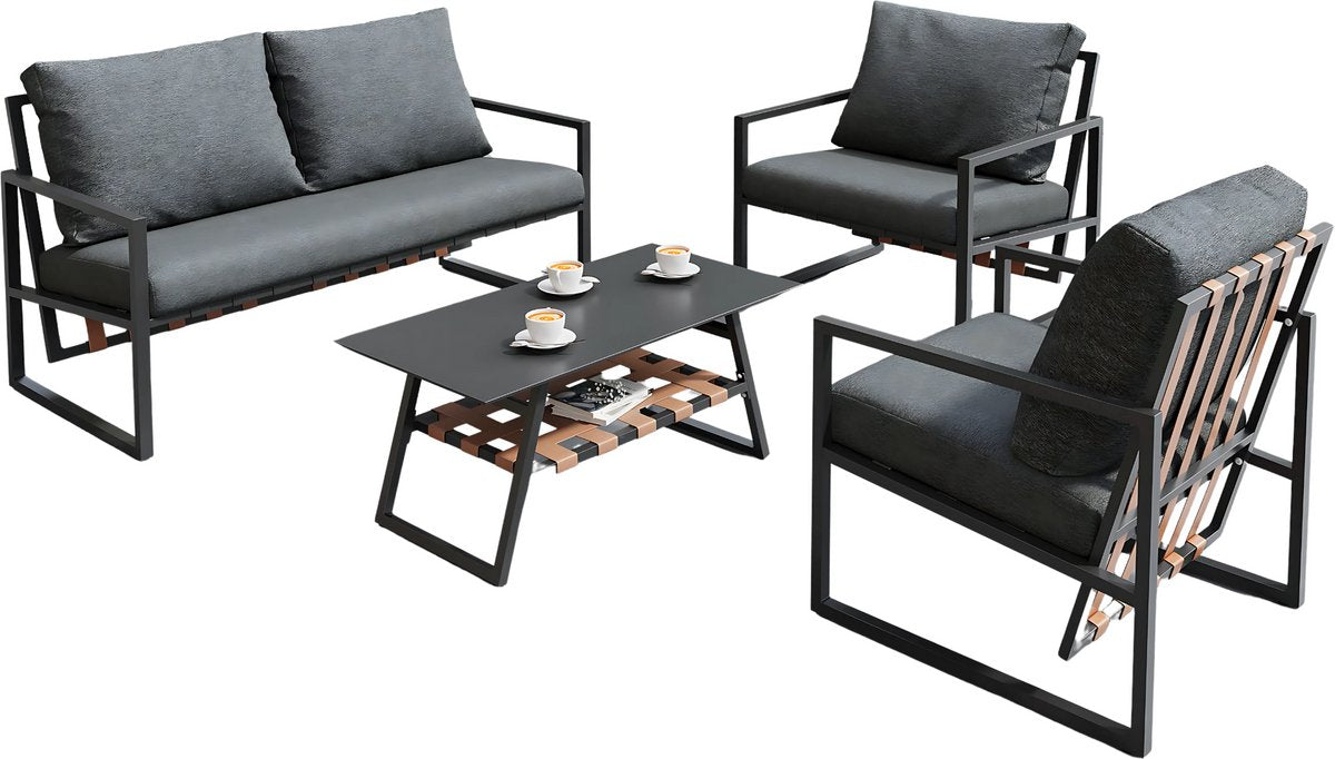 4-delig Tuin Loungeset - Tuinmeubelset - Voor Buitenruimte - Comfortabele Sofa met Tafel & Kussens - Zwart met Afneembare Hoezen