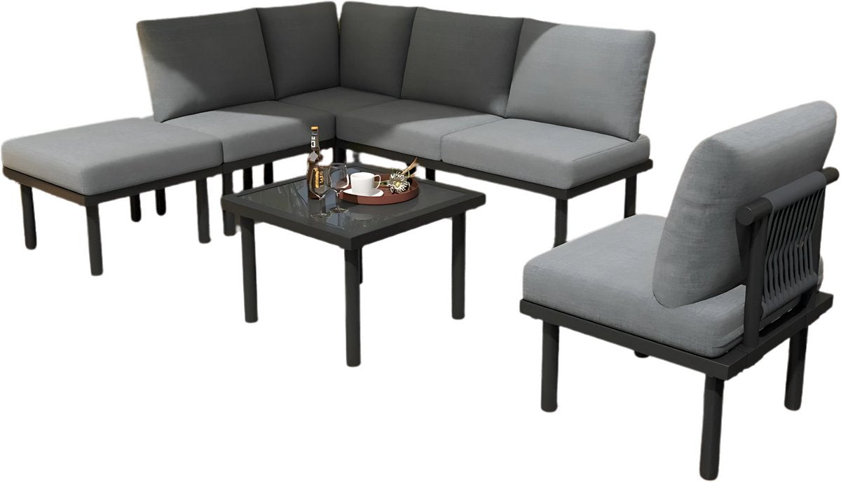 6-delig Tuin Loungeset - Tuinmeubelset - Voor Buiten & Terras - Met Glazen Tafelblad & Kussens - Touwgaas & IJzeren Frame - Grijs
