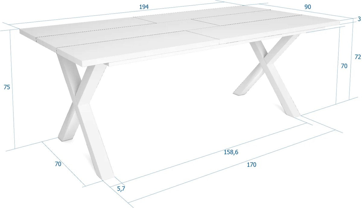 Happyment Eetkamertafel Divine - X poten wit - Eettafel - Rechthoek - 4 tot 8 personen - Massief hout - 200x90x75cm